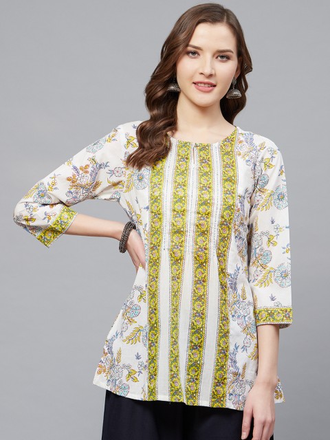 

Rain & Rainbow White & Lime Green Floral Pure Cotton Print A-Line Kurti