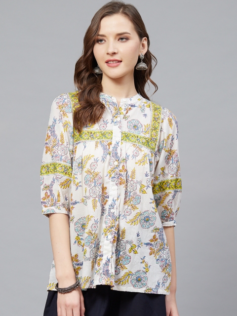 

Rain & Rainbow Women White & Blue Floral Printed Pure Cotton Top