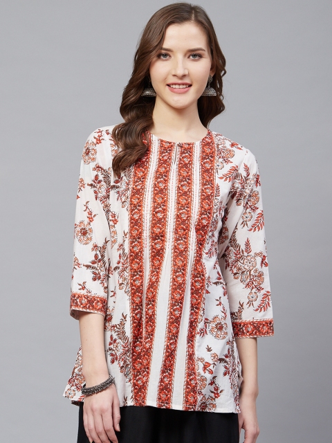 

Rain & Rainbow White & Orange Floral Pure Cotton Print A-Line Kurti