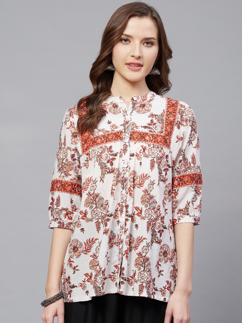 

Rain & Rainbow Women White & Rust Orange Printed A-Line Pure Cotton Top