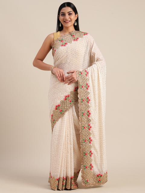 

Mitera White & Gold-Toned Art Silk Embroidered Saree
