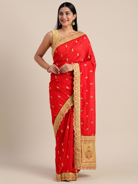 

Mitera Red & Gold-Toned Art Silk Embroidered Saree