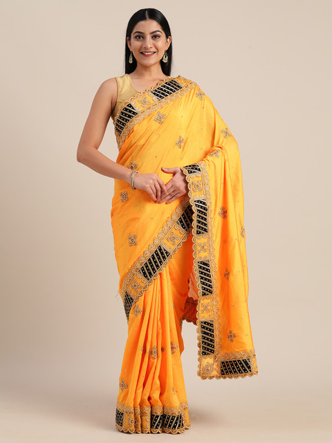 

Mitera Yellow & Gold-Toned Art Silk Embroidered Saree
