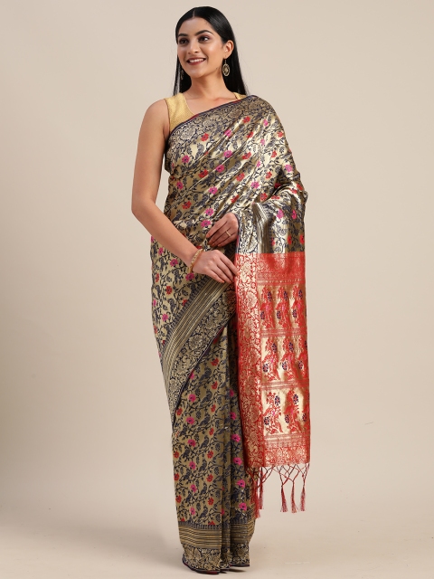 

Mitera Gold-Toned & Navy Blue Silk Blend Woven Design Banarasi Saree