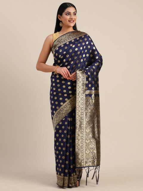 

Mitera Navy Blue & Gold-Toned Silk Blend Woven Design Banarasi Saree