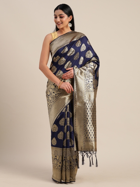 

Mitera Navy Blue & Gold-Toned Silk Blend Woven Design Banarasi Saree