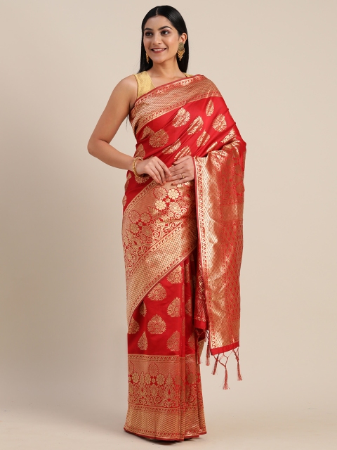 

Mitera Red & Gold-Toned Silk Blend Woven Design Banarasi Saree