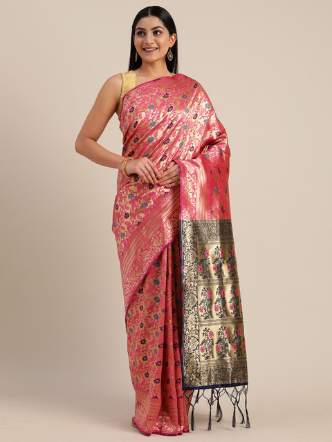 

Mitera Pink & Gold-Toned Silk Blend Woven Design Banarasi Saree