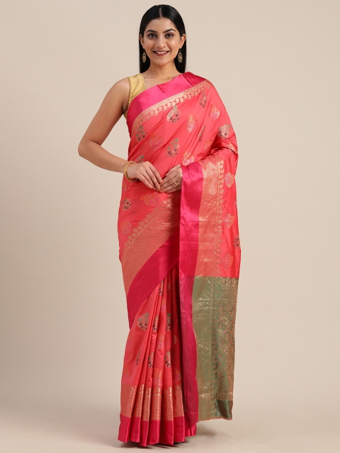 

Mitera Pink & Olive Green Poly Silk Woven Design Banarasi Saree