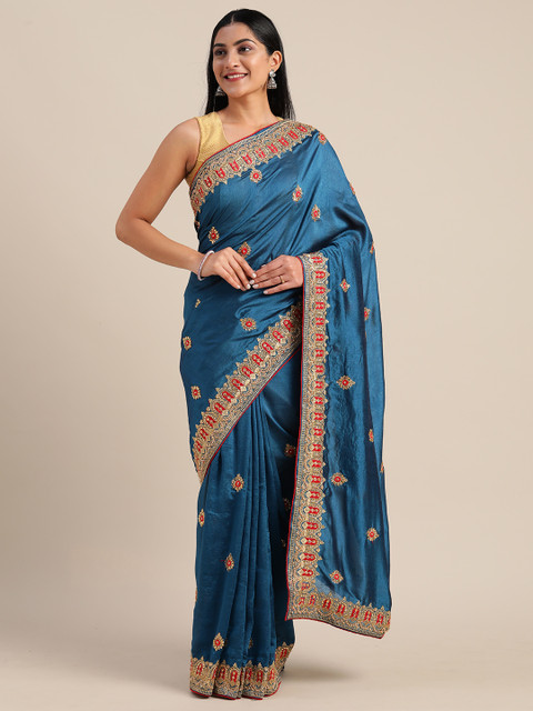 

Mitera Teal Blue & Gold-Toned Art Silk Embroidered Saree