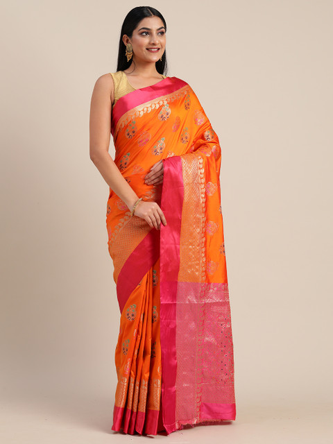 

Mitera Orange & Pink Poly Silk Woven Design Banarasi Saree