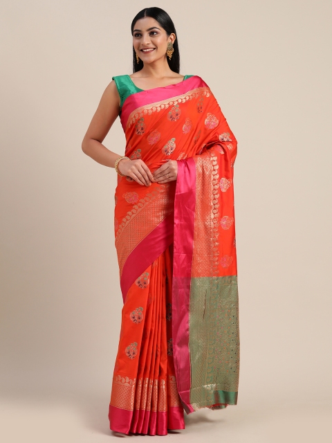

Mitera Orange & Olive Green Poly Silk Woven Design Banarasi Saree