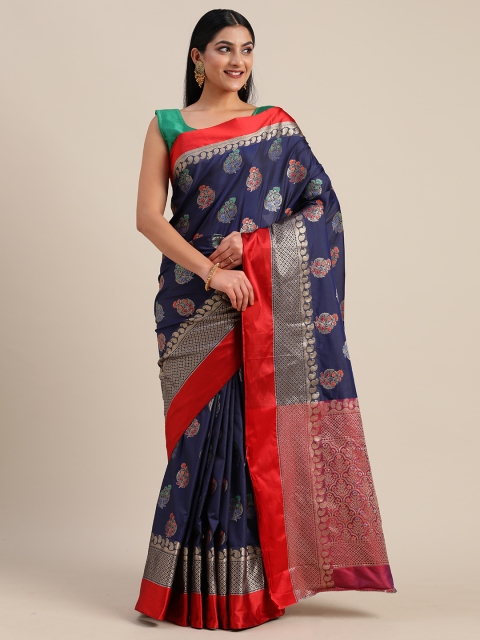 

Mitera Navy Blue & Pink Poly Silk Woven Design Banarasi Saree