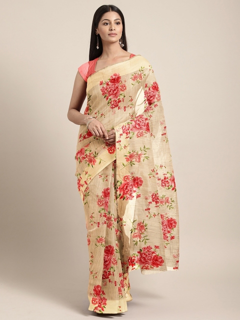 

KALINI Peach-Coloured & Red Silk Cotton Floral Printed Saree
