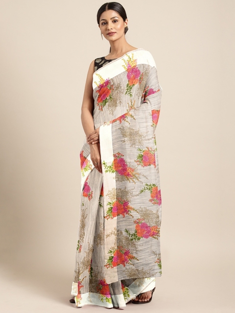 

KALINI Off-White & Pink Silk Cotton Floral Printed Saree