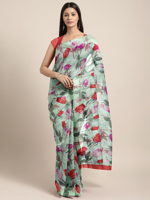 

Mitera Green & Red Silk Cotton Printed Saree