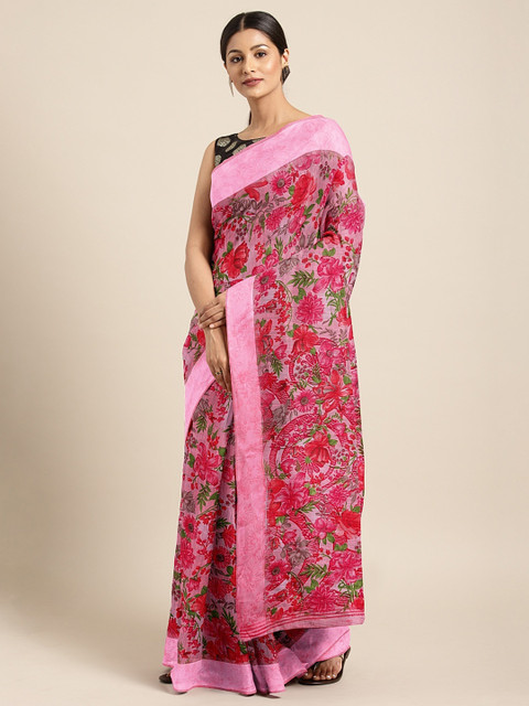 

Mitera Pink & Green Silk Cotton Printed Saree