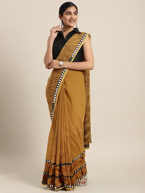 

KALINI Brown Printed Poly Chiffon Mirror Work Saree
