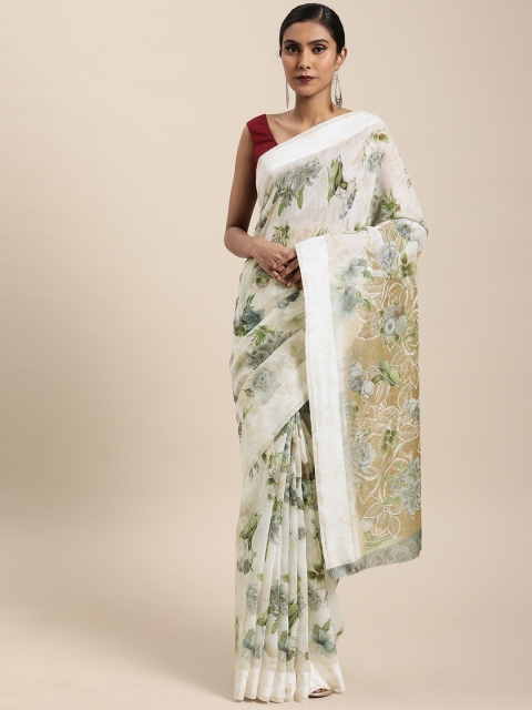 

KALINI White & Peach-Coloured Floral Printed Silk Cotton Saree