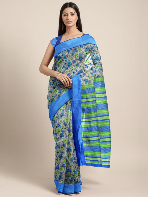 

Mitera Off-White & Blue Silk Cotton Floral Printed Saree
