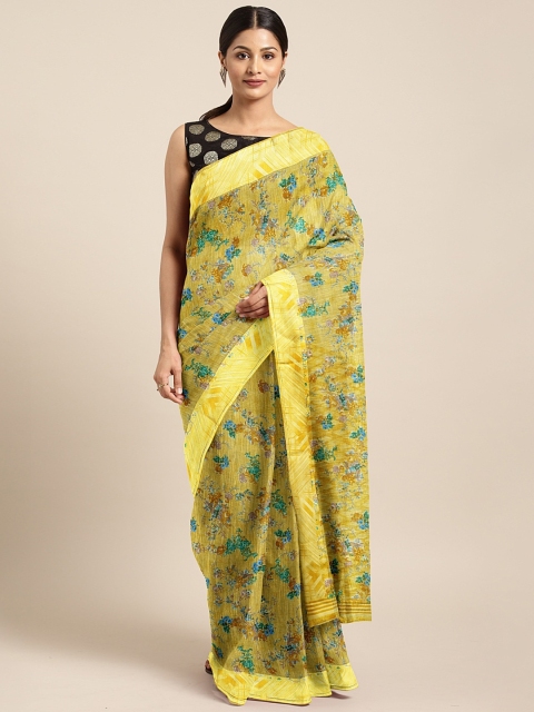 

KALINI Yellow & Blue Silk Cotton Floral Printed Saree