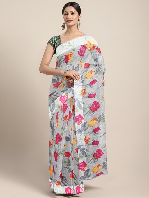 

KALINI Grey & Pink Silk Cotton Floral Printed Saree