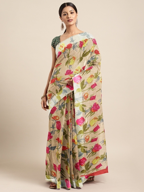 

KALINI Beige & Orange Silk Cotton Printed Saree