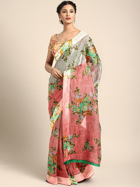 

Mitera Pink & Grey Silk Cotton Floral Printed Saree