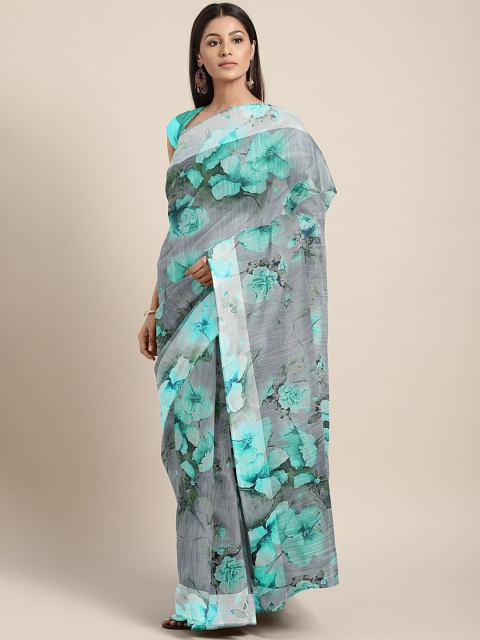 

KALINI Blue & Grey Silk Cotton Floral Printed Saree