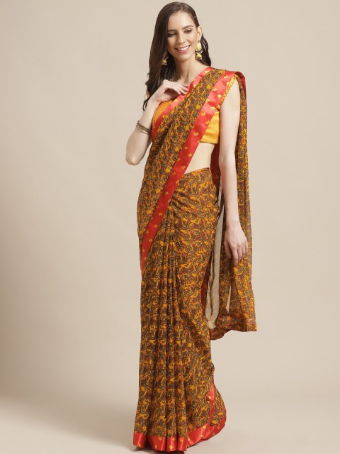 

KALINI Mustard Yellow & Olive Green Printed Saree