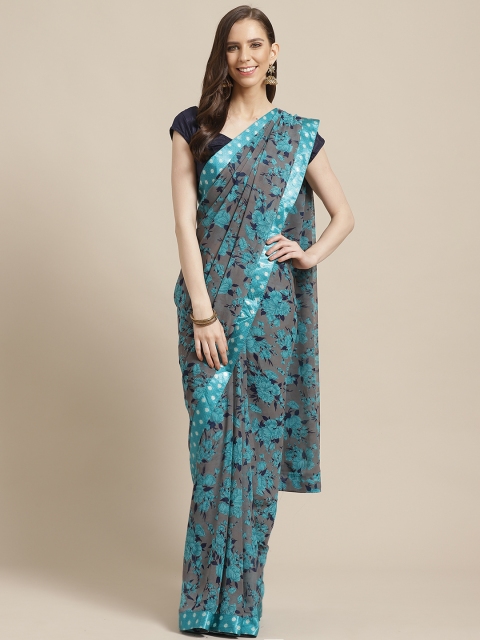 

KALINI Grey & Blue Floral Print Saree