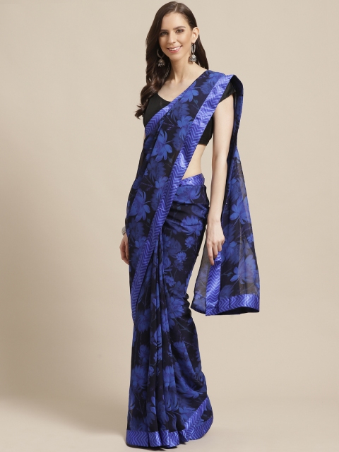 

KALINI Black & Blue Floral Print Saree