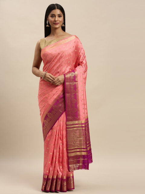 

Mitera Pink & Golden Pure Silk Woven Design Banarasi Saree