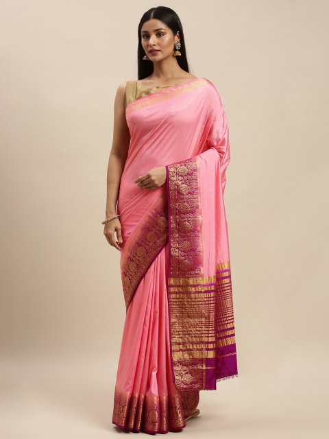 

Mitera Pink & Golden Pure Silk Solid Banarasi Saree