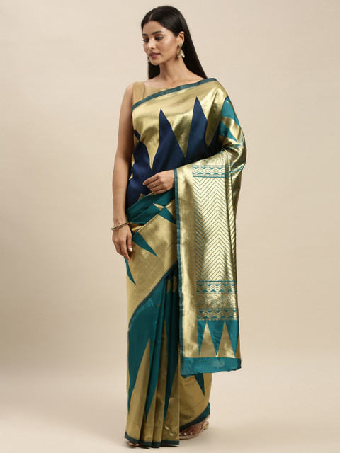 

Mitera Teal Blue & Gold-Toned Pure Silk Woven Design Banarasi Saree