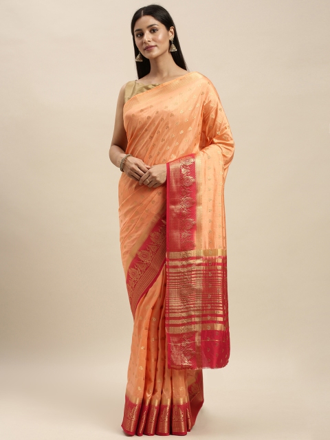 

Mitera Peach-Coloured & Gold-Toned Pure Silk Woven Design Banarasi Saree