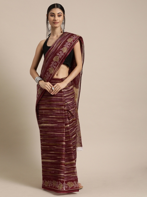 

Mitera Burgundy & Beige Pure Cotton Printed Kanjeevaram Saree