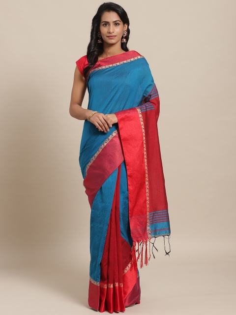 

Laa Calcutta Teal Blue & Red Bengal Handloom Solid Taant Saree