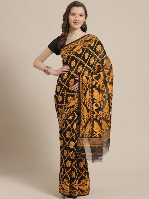

Laa Calcutta Black & Mustard Yellow Geometric Woven Design Dhakai Jamdani Saree