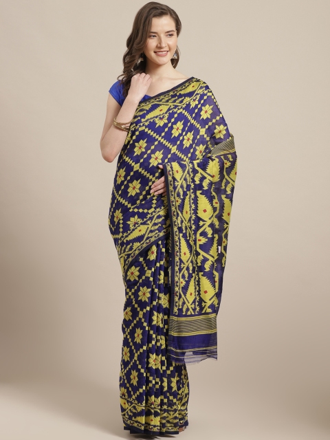 

Laa Calcutta Blue & Yellow Geometric Woven Design Dhakai Jamdani Saree