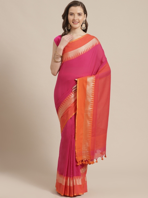 

Laa Calcutta Pink & Orange Pure Cotton Solid Bengal Handloom Saree