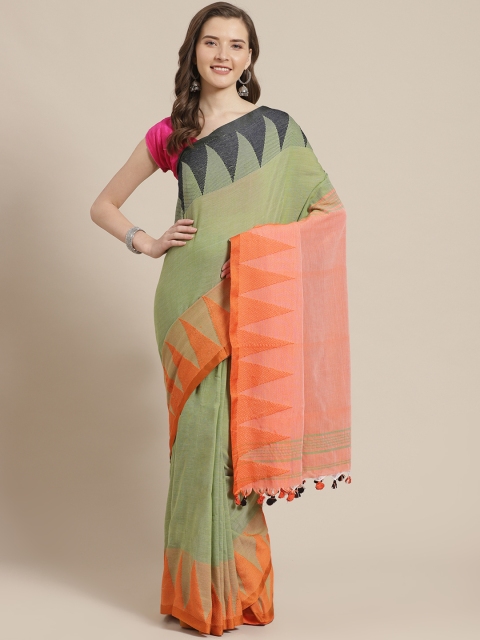 

Laa Calcutta Olive Green & Orange Pure Cotton Solid Bengal Handloom Taant Saree