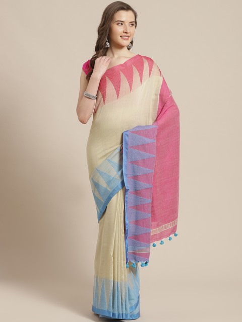 

Laa Calcutta Beige & Pink Pure Cotton Solid Bengal Handloom Saree