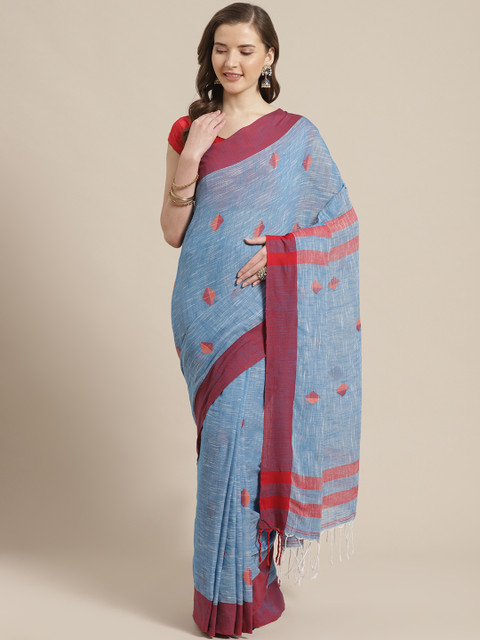 

Laa Calcutta Blue & Maroon Pure Cotton Woven Design Bengal Handloom Saree