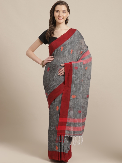 

Laa Calcutta Charcoal Grey & Red Pure Cotton Woven Design Bengal Handloom Saree