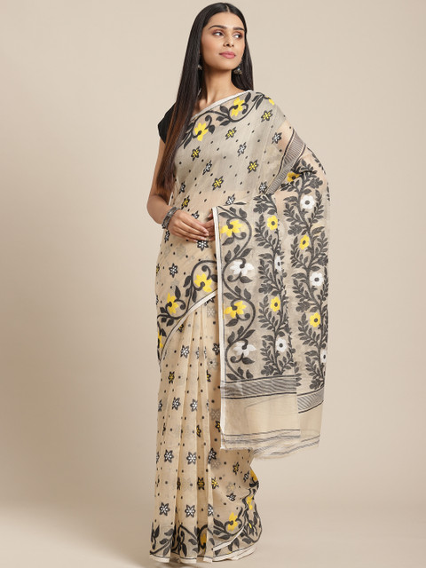 

Laa Calcutta Off-White & Black Woven Design Jamdani Saree