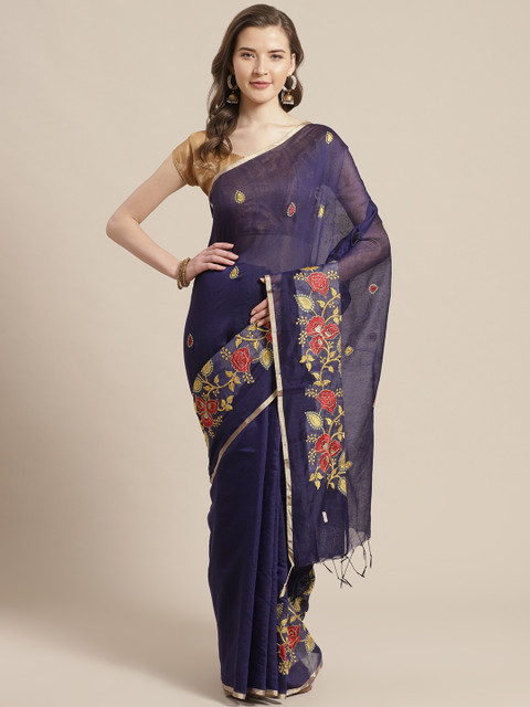 

Laa Calcutta Navy Blue & Golden Embroidered Bengal Handloom Taant Saree