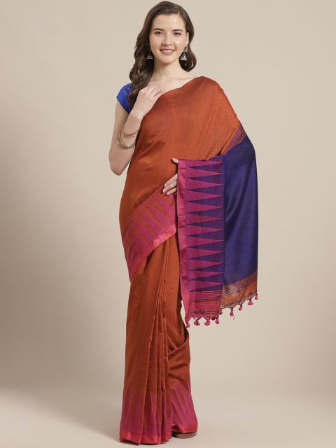 

Laa Calcutta Rust Orange & Blue Pure Cotton Solid Bengal Handloom Saree