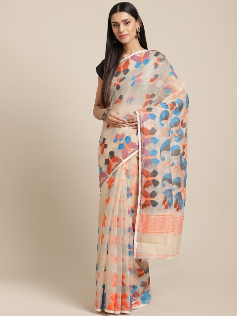 

Laa Calcutta Off-White & Blue Butterfly Woven Design Jamdani Saree
