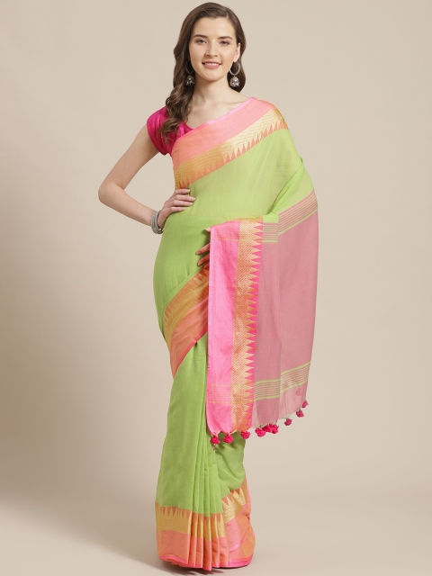 

Laa Calcutta Green & Pink Pure Cotton Solid Bengal Handloom Saree